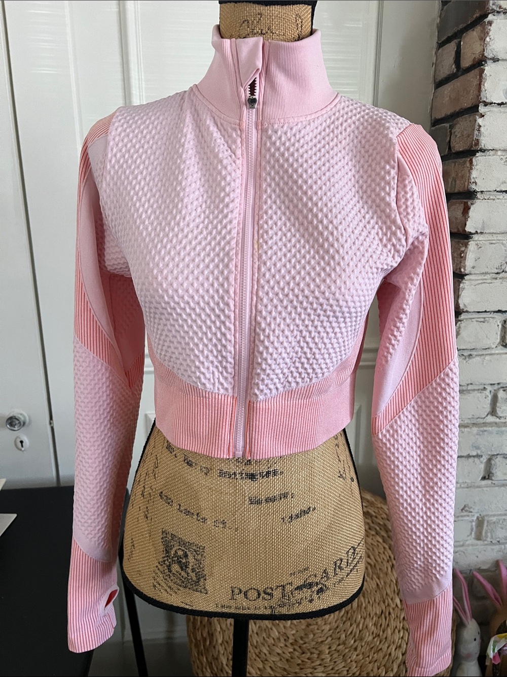 Pink Textured Zip-Up Crop Jacket